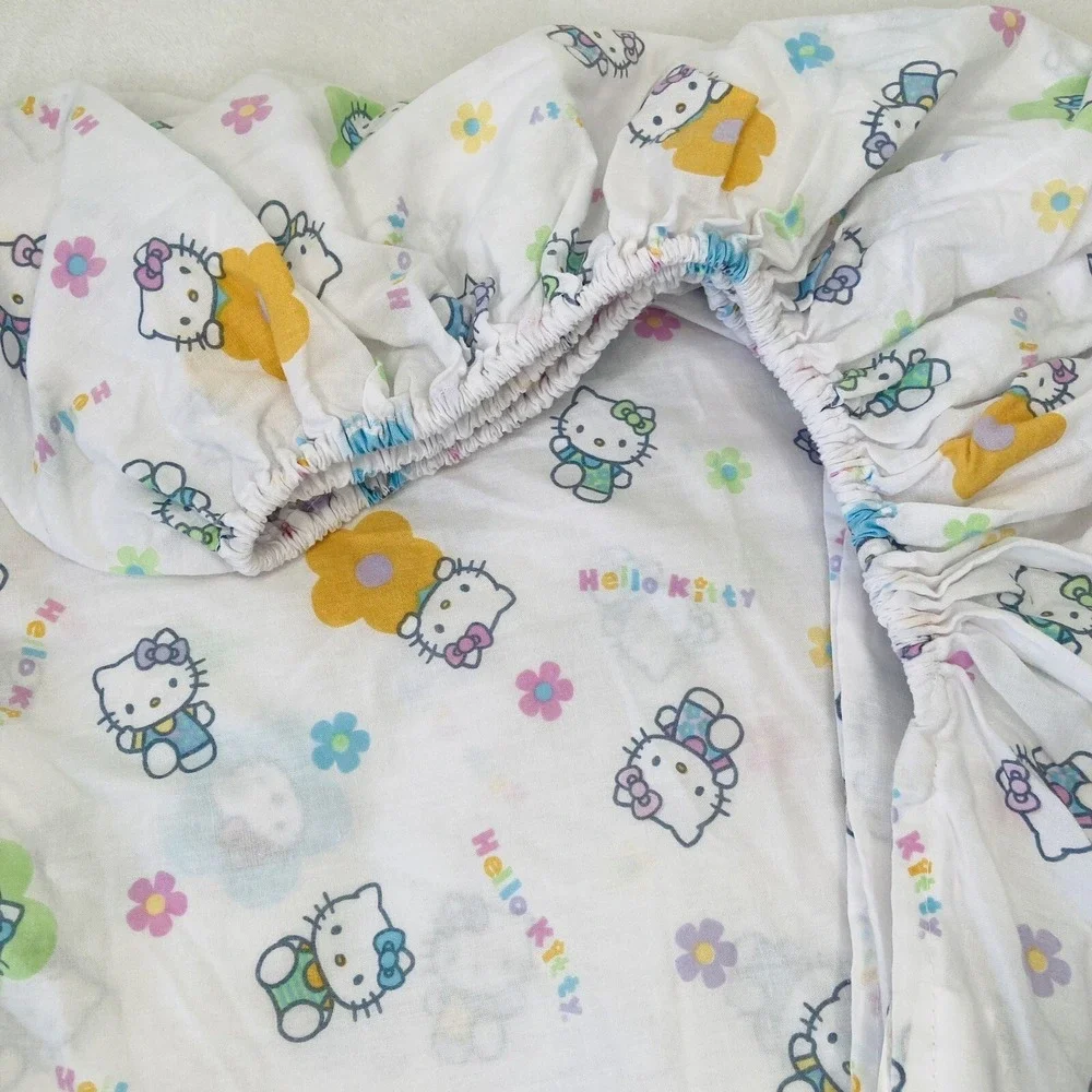 Vintage HELLO KITTY Twin Sheet Sanrio Pastel Flower Fitted Sheet Pink Blue